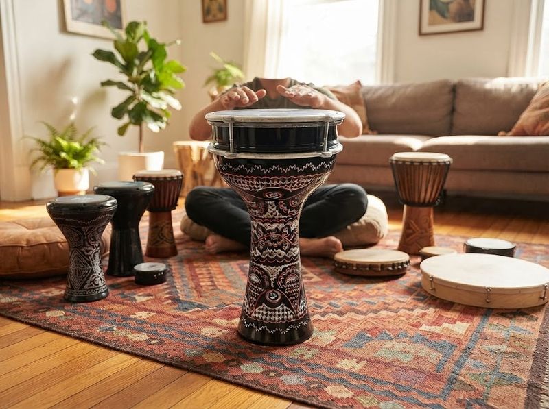 Hands turning an Allen key on a darbuka rim bolt in lamplight