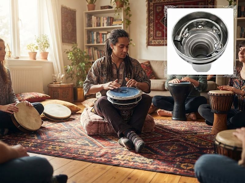 Darbuka standing on a garage floor beside a folding chair