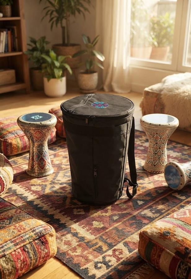 Padded darbuka gig bag standing beside a kilim rug