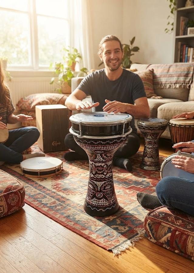 Hand-engraved aluminum darbuka on a woven kilim rug