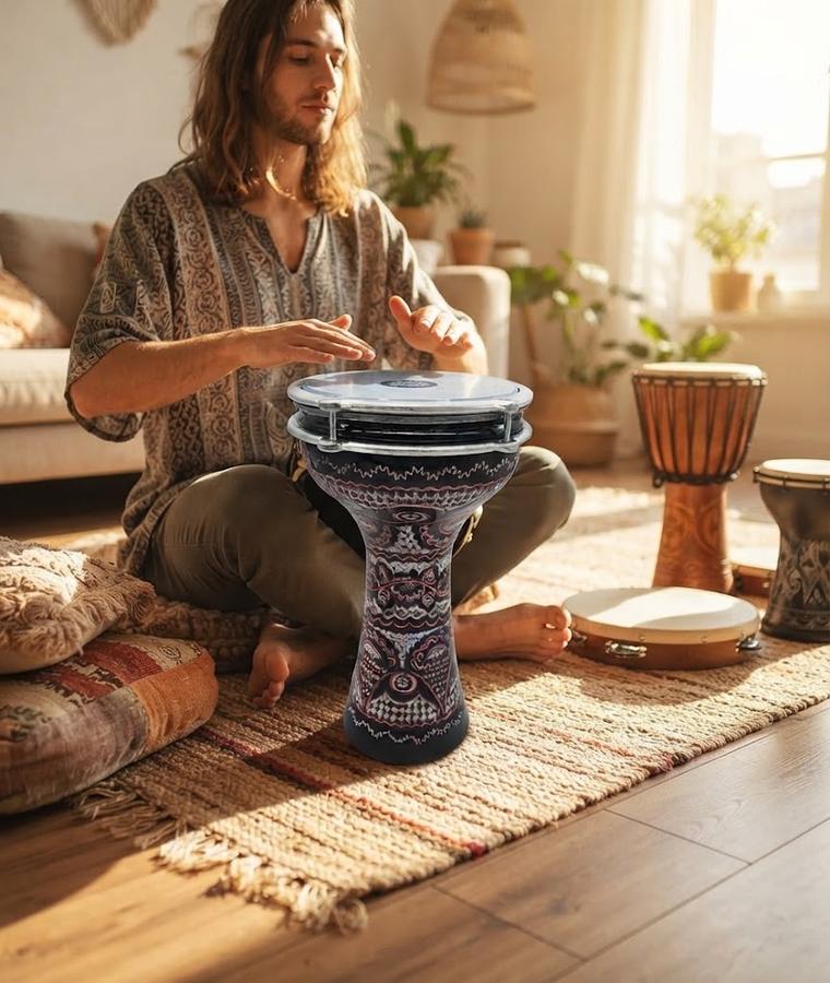 Aluminum darbuka with internal jingles on a wooden bench