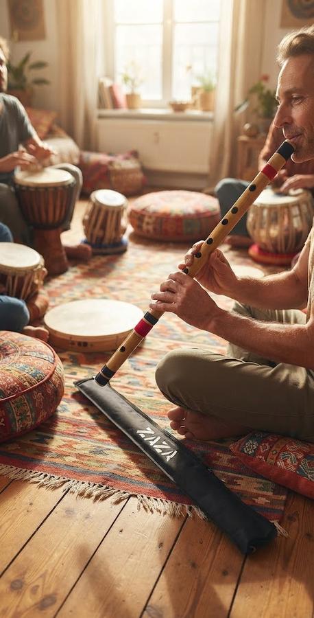 Polished bamboo bansuri flute resting on a wooden floor