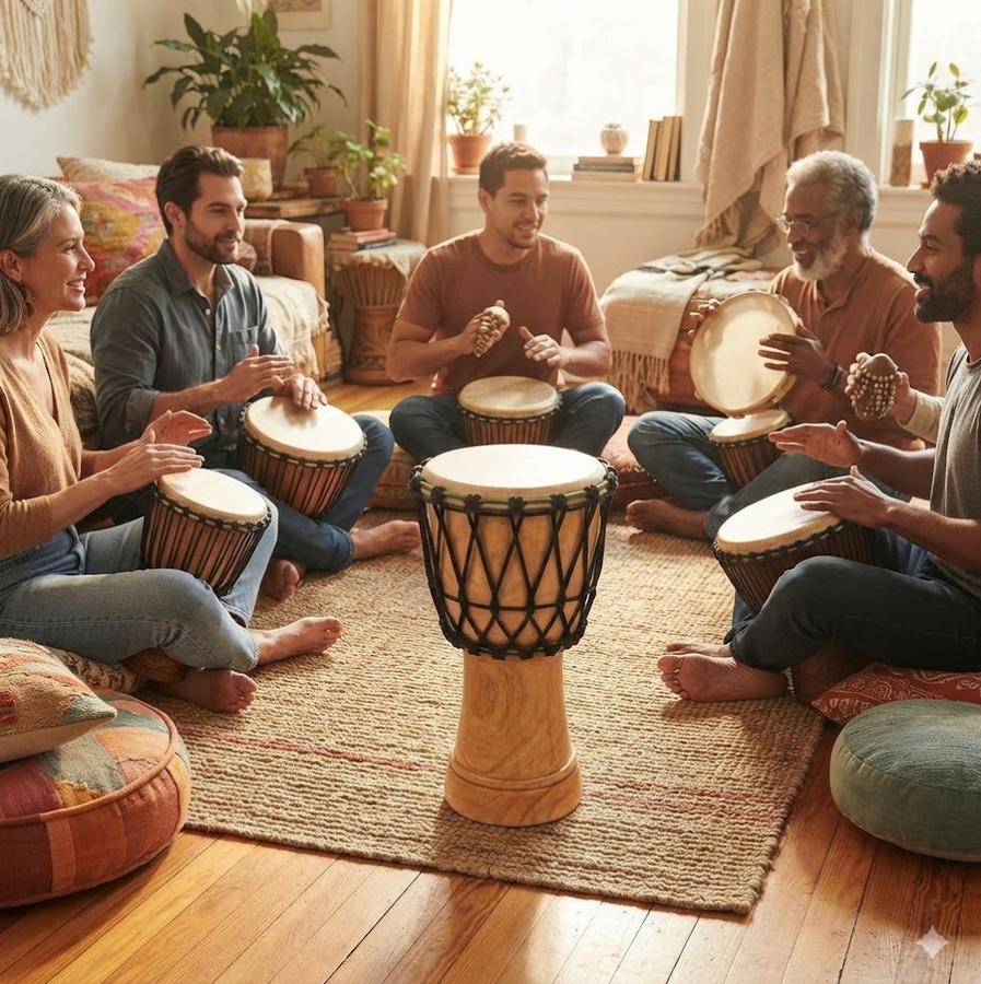 Three drums lined up by size on a woven rug