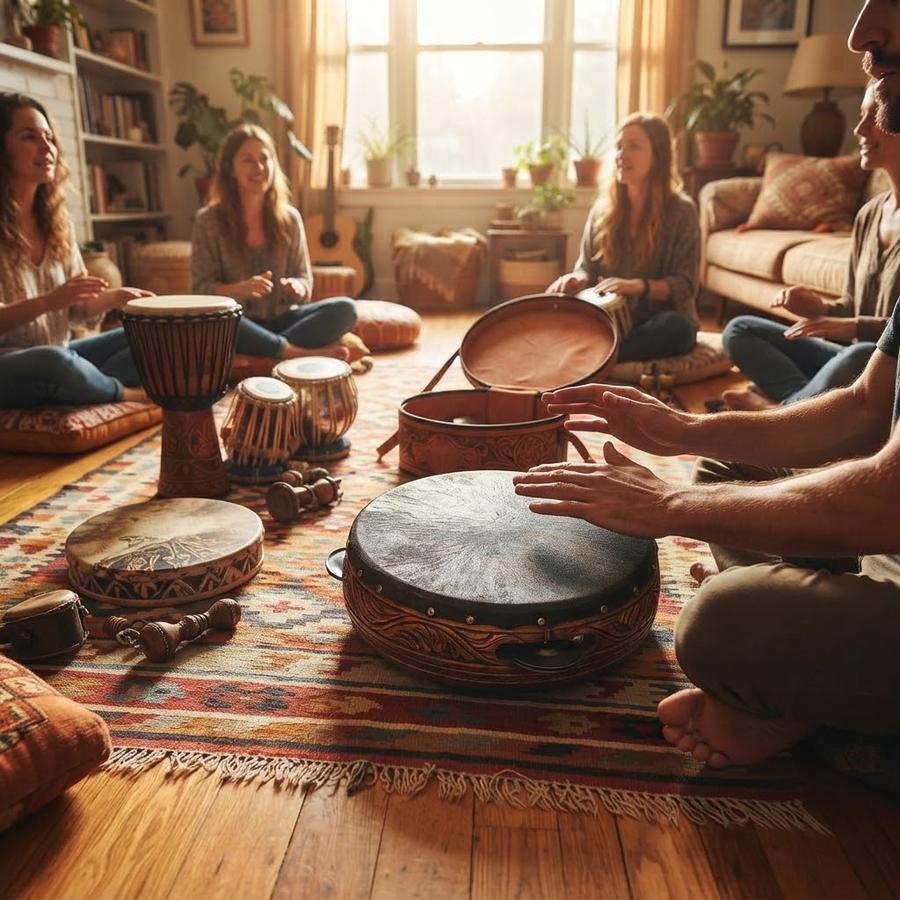 Kanjira frame drum held in one hand above a rug